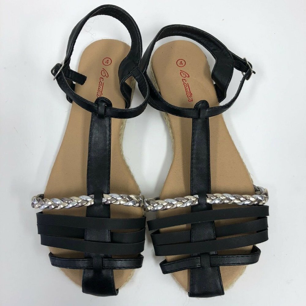 NEW Black Silver Shoes Sz 4 Strappy Jute-Rope Gladiator Sandals Summer Spring